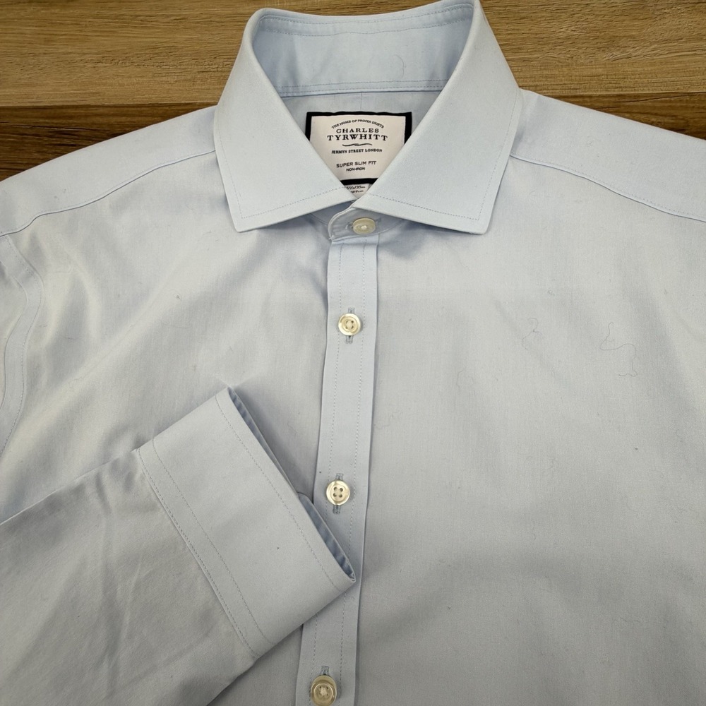Charles Tyrwhitt Dress Shirt Mens 15.5 35 Blue Solid Extra Slim Fit Non Iron
